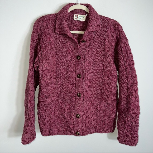 Country Club Vintage Pure New Wool Cardigan Sweater-Made in Ireland-Burgundy-Med - Picture 1 of 9